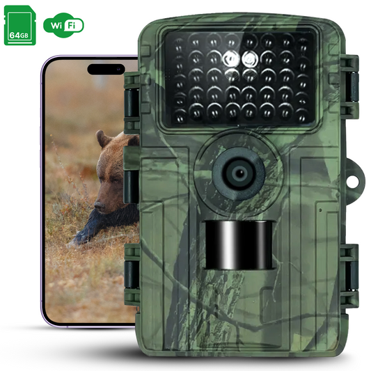 Wildcamera – met Nachtzicht en WiFi – 48MP – Wildcamera met app – Bewakingscamera – Wildlife camera – Waterdicht – inclusief 64GB SD kaart
