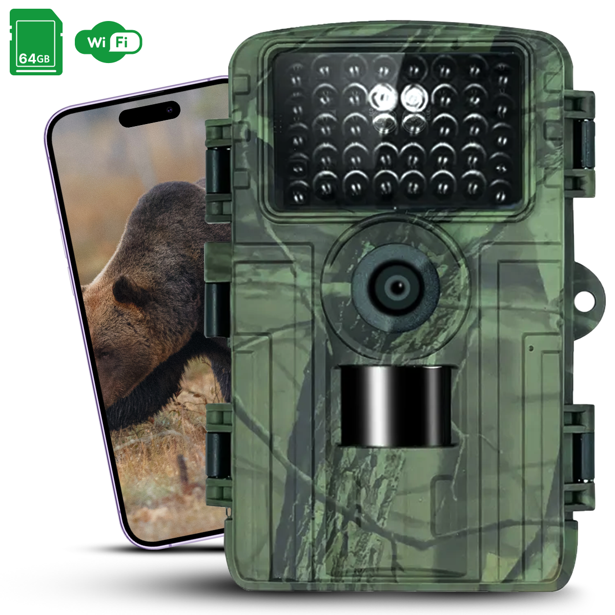 Wildcamera – met Nachtzicht en WiFi – 48MP – Wildcamera met app – Bewakingscamera – Wildlife camera – Waterdicht – inclusief 64GB SD kaart